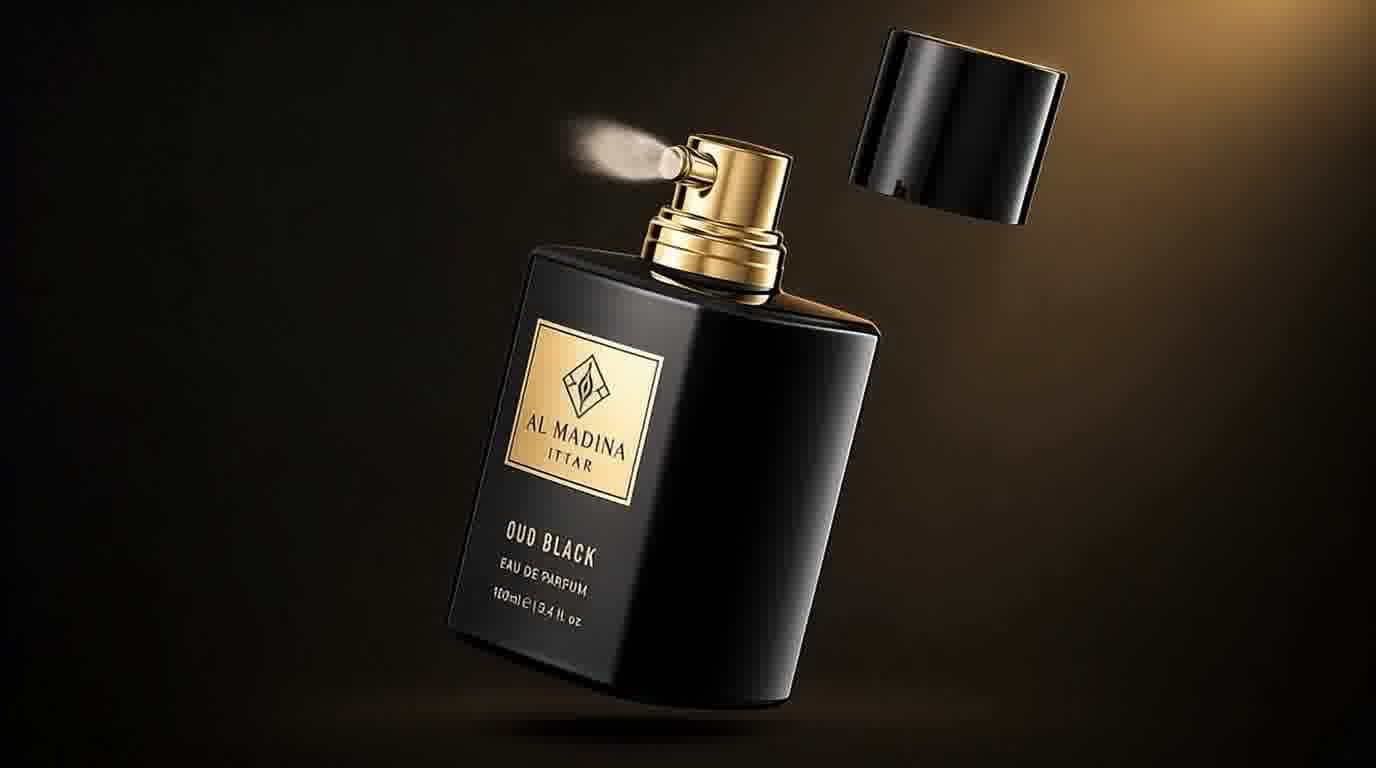 Al Madina Ittar Oud Black bottle mid-spray.